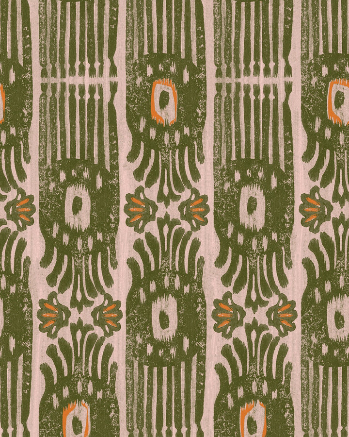 IKAT Notting Hill Wallpaper (WP20818) by Mind The Gap | WP20818 | MINNIE KEMP X MINDTHEGAP | 1 roll x 20.47 x 354.33 in | 0.52m / 20.5in | 9m / 354in | 4.68mp | 70cm / 27.6in | Green, Orange | Non-woven | Paste the wall | 1-roll in a box | Fabric Carolina | https://www.fabriccarolina.com/