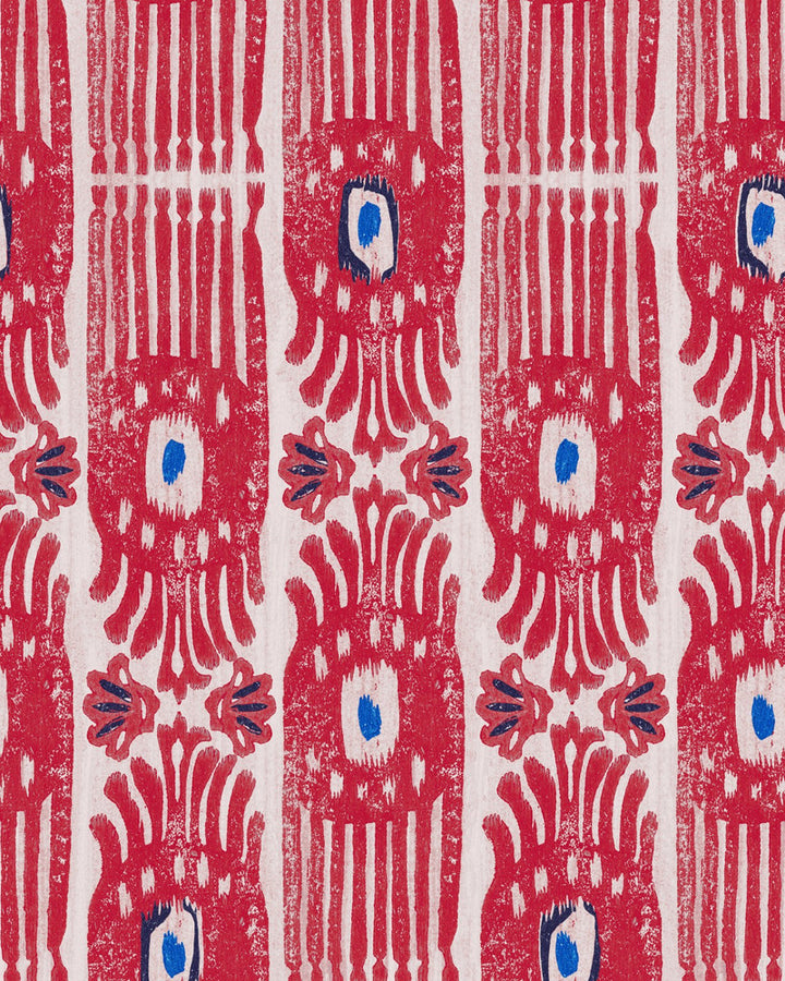 IKAT Raspberry Ripple Wallpaper (WP20819) by Mind The Gap | WP20819 | MINNIE KEMP X MINDTHEGAP | 1 roll x 20.47 x 354.33 in | 0.52m / 20.5in | 9m / 354in | 4.68mp | 70cm / 27.6in | Blue, Pink, Taupe | Non-woven | Paste the wall | 1-roll in a box | Fabric Carolina | https://www.fabriccarolina.com/