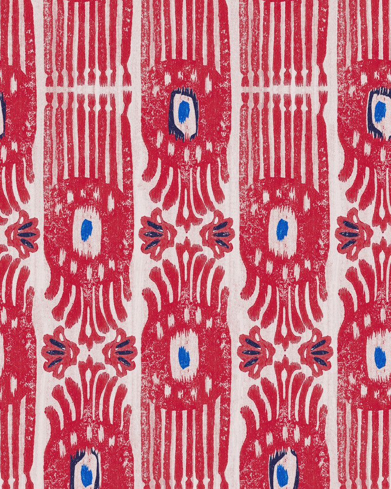 IKAT Raspberry Ripple Wallpaper (WP20819) by Mind The Gap | WP20819 | MINNIE KEMP X MINDTHEGAP | 1 roll x 20.47 x 354.33 in | 0.52m / 20.5in | 9m / 354in | 4.68mp | 70cm / 27.6in | Blue, Pink, Taupe | Non-woven | Paste the wall | 1-roll in a box | Fabric Carolina | https://www.fabriccarolina.com/