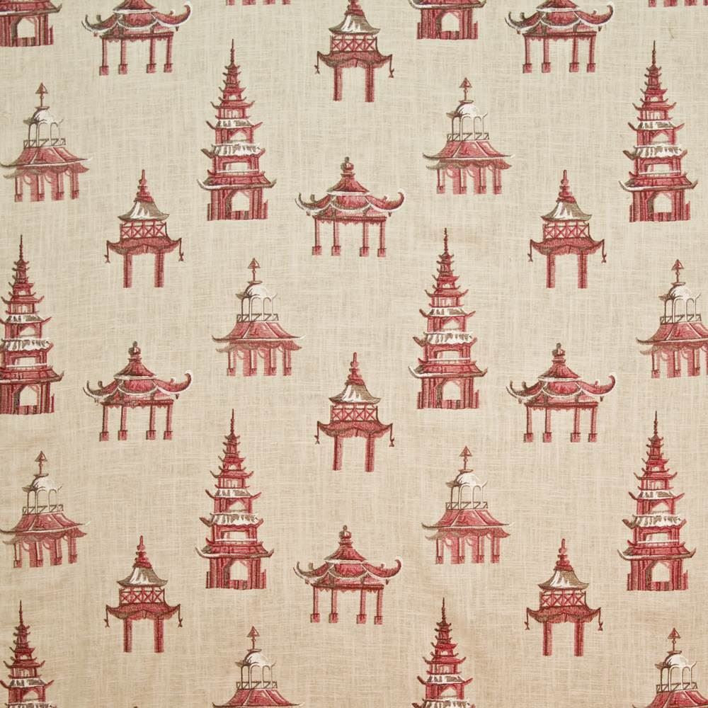 Imperial Pagodas Flame by Kasmir Fabric 1405 57% Rayon
43% Linen
 CHINA </p><p>Repeat: Horizontal: 28 inches and Vertical: 22 4/8 inches 54 - Fabric Carolina -