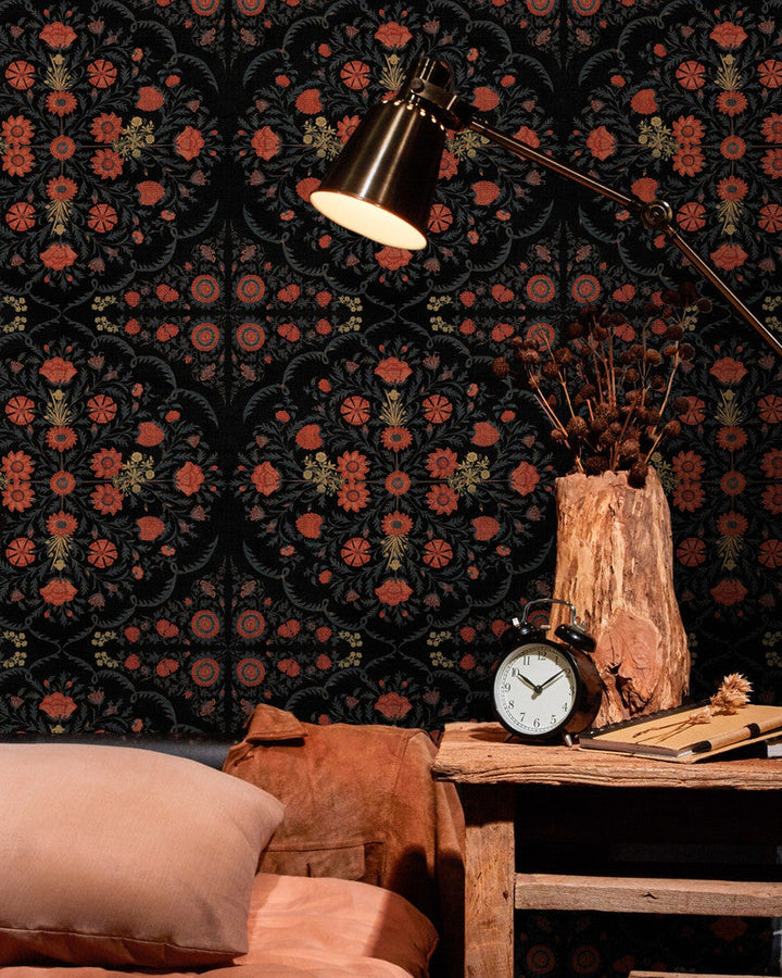 Hindu Bloom Anthracite Wallpaper by Mind the Gap Designer Wallpaper THE WALLPAPER COLLECTABLES Textured Matte Made in Europe Paste the wall 3 rolls x 20.5 x 3.25 yards - Swanky Fabrics -