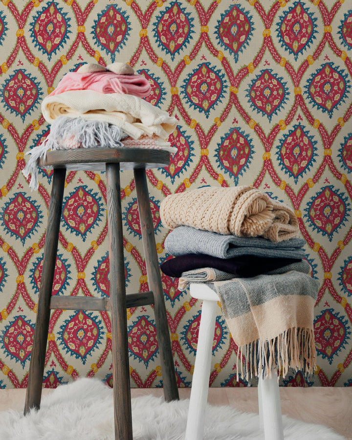 OTTOMAN Taupe Wallpaper (WP20307) by Mind The Gap | WP20307 | THE WALLPAPER COLLECTABLES | 3 rolls x 20.5 x 118.1 in | 0.52m / 20.5in | 3m / 118in | 4.65mp | 52cm / 20.5in | Blue, Red, Taupe, Yellow | Textured Matte | Paste the wall | 3-rolls in a box | Fabric Carolina | https://www.fabriccarolina.com/