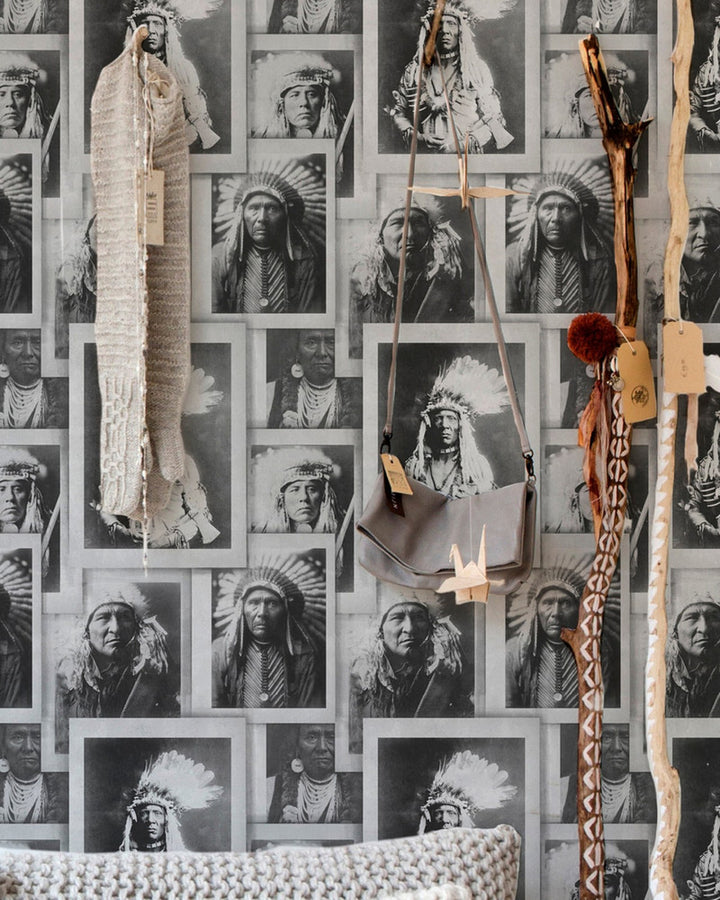 INDIAN CHIEFS Premium Wallpaper (WP20072) by Mind The Gap | WP20072 | WALLPAPER DESIGNER COLLECTION | 3 rolls x 20.5 x 118.1 in | 0.52m / 20.5in | 3m / 118in | 4.65mp | 70cm / 27.6in | Black, Grey, White | Non-woven | Paste the wall | 3-rolls in a box | Fabric Carolina | https://www.fabriccarolina.com/