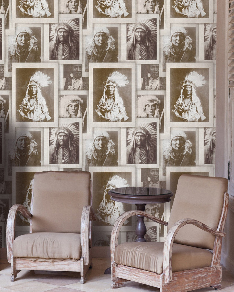 Indian Chiefs Sepia Premium Wallpaper by Mind the Gap Designer Wallpaper WALLPAPER DESIGNER COLLECTION Non-woven Made in Europe Paste the wall 3 rolls x 20.5 x 3.25 yards - Swanky Fabrics -