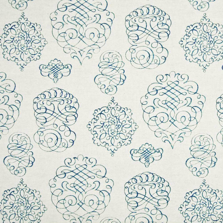 Jamestown Script Teal by Kasmir Fabric 1388 USA 15,000 Wyzenbeek Double Rubs H: 13 4/8 inches, V:25 2/8 inches 54 - Fabric Carolina - Kasmir