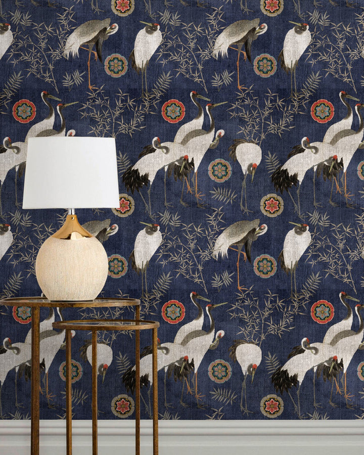 TSURU INDIGO Wallpaper (WP20392) by Mind The Gap | WP20392 | THE WALLPAPER COLLECTABLES | 3 rolls x 20.5 x 118.1 in | 0.52m / 20.5in | 3m / 118in | 4.65mp | 70cm / 27.6in | Black, Blue, White | Textured Matte | Paste the wall | 3-rolls in a box | Fabric Carolina | https://www.fabriccarolina.com/
