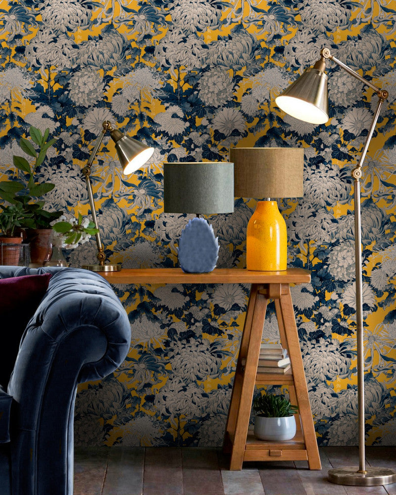 CHRYSANTHEMUMS Yellow Wallpaper (WP20321) by Mind The Gap | WP20321 | THE WALLPAPER COLLECTABLES | 3 rolls x 20.5 x 118.1 in | 0.52m / 20.5in | 3m / 118in | 4.65mp | 70cm / 27.6in | Blue, Yellow | Textured Matte | Paste the wall | 3-rolls in a box | Fabric Carolina | https://www.fabriccarolina.com/