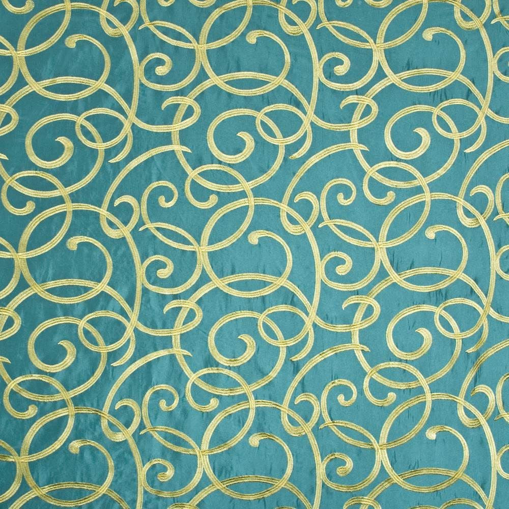 Kabuki Silk Turquoise by Kasmir Fabric 1406 44% Rayon
30% Nylon
26% Polyester
 CHINA </p><p>Repeat: Horizontal: 10 inches and Vertical: 11 4/8 inches 54 - Fabric Carolina -