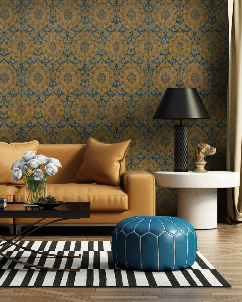 KAFTAN (WP20253) by Mind The Gap | WP20253 | PREMIUM DESIGNER WALLPAPER COLLECTION | 3 rolls x 20.5 x 118.1 in | 0.52m / 20.5in | 3m / 118in | 4.65mp | 52cm / 20.5in | Blue, Ochre | Non-woven | Paste the wall | 3-rolls in a box | Fabric Carolina | https://www.fabriccarolina.com/