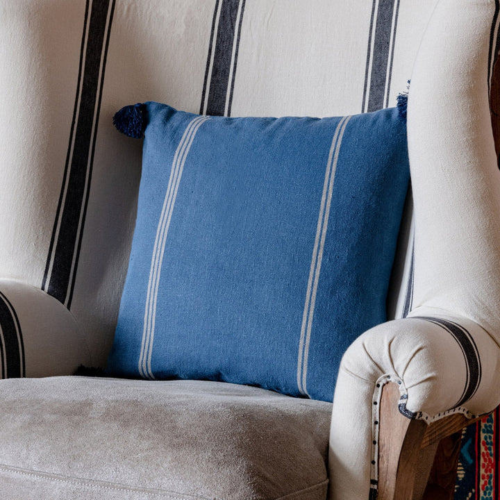 KATALIN Stripe Heavy Linen Cushion (LC40096) by Mind The Gap | LC40096 | TRANSYLVANIAN ROOTS | 20 x 20 in | Blue, Taupe | Fabric Carolina | https://www.fabriccarolina.com/