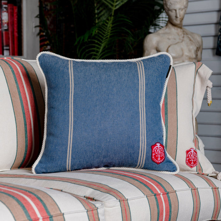 KATALIN Stripe Cushion (LC40118) by Mind The Gap | LC40118 | SUNDANCE VILLA | 20 x 20 in | Blue, White | Fabric Carolina | https://www.fabriccarolina.com/