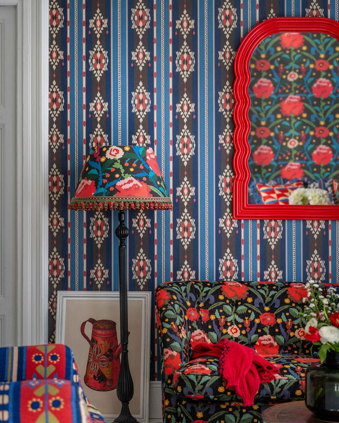 KING'S IKAT Wallpaper (WP20905) by Mind The Gap | WP20905 | TRANSYLVANIAN RHAPSODY | 1 roll x 52 x 900 cm / 20.47 x 354.33 in | 0.52m / 20.5in | 9m / 354in | 4.68sqm / 50sq ft | 50cm / 19.6in | Blue, Red, Brown | Non-woven Textured | Paste the wall | 1 roll in a box | Fabric Carolina | https://www.fabriccarolina.com/