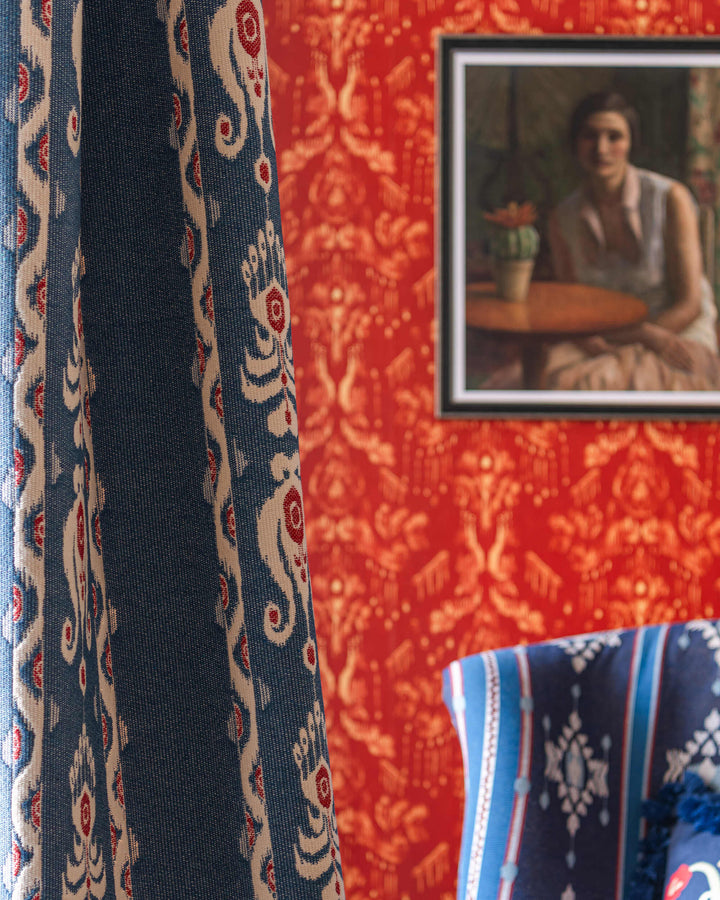 KIRALY Indigo Woven Fabric (FB00190) by Mind The Gap | FB00190 | TRANSYLVANIAN RHAPSODY | Blue, White, Red | Meter | 130(±5%)x100 | (W)33.5 x (L)46.5cm / (W)13.1 x (L)18.3 in | Tumble Wash | 40% Wool, Other Fibers, 20% Cotton | Fabric Carolina | https://www.fabriccarolina.com/