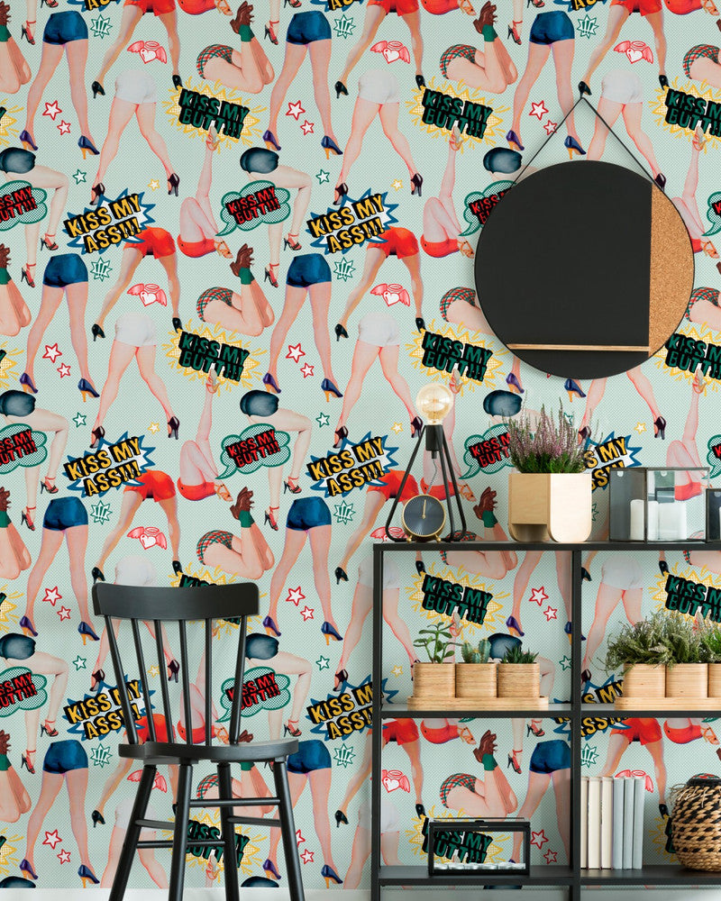 KISS MY ASS Wallpaper (WP20378) by Mind The Gap | WP20378 | THE WALLPAPER COLLECTABLES | 3 rolls x 20.5 x 118.1 in | 0.52m / 20.5in | 3m / 118in | 4.65mp | 52cm / 20.5in | Blue, Red, Yellow | Satin Matte | Paste the wall | 3-rolls in a box | Fabric Carolina | https://www.fabriccarolina.com/