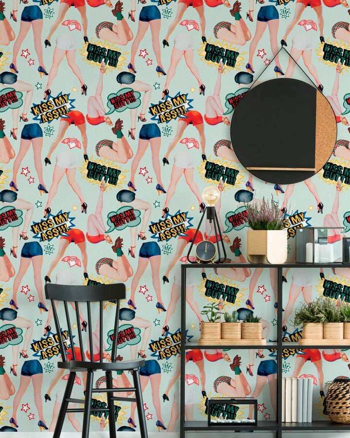 KISS MY ASS Wallpaper (WP20378) by Mind The Gap | WP20378 | THE WALLPAPER COLLECTABLES | 3 rolls x 20.5 x 118.1 in | 0.52m / 20.5in | 3m / 118in | 4.65mp | 52cm / 20.5in | Blue, Red, Yellow | Satin Matte | Paste the wall | 3-rolls in a box | Fabric Carolina | https://www.fabriccarolina.com/