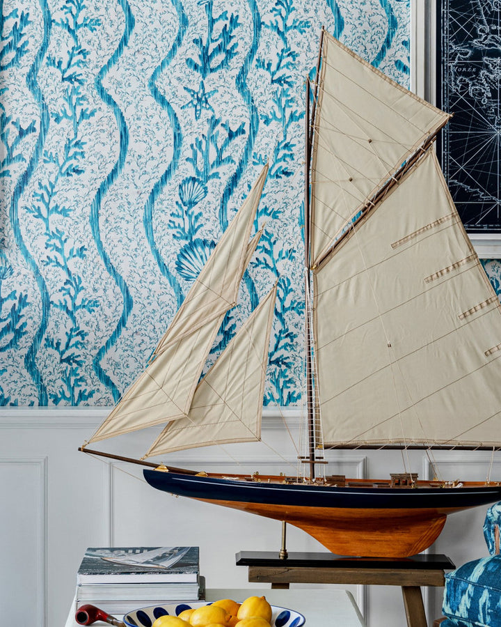 KORALION Aquamarine Wallpaper (WP30045) by Mind The Gap | WP30045 | SUNDANCE VILLA | 1 roll x 20.5 x 393.7 in | 0.52m / 20.5in | 10m / 393.7in | 5.20mp | 70cm / 27.6in | Grey, Turquoise | Satin Matte | Paste the wall | 1-roll in a box | Fabric Carolina | https://www.fabriccarolina.com/