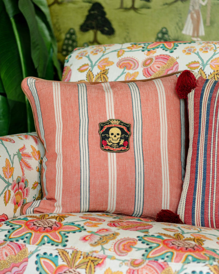 OREGON STRIPES Orange Washed Cushion (LC40158) by Mind The Gap | LC40158 | WOODSTOCK '69 | 50 x 50 cm | Taupe, Blue, Orange | Leather piped edge | Duck feather | 100% Linen, printed and stonewashed | Fabric Carolina | https://www.fabriccarolina.com/
