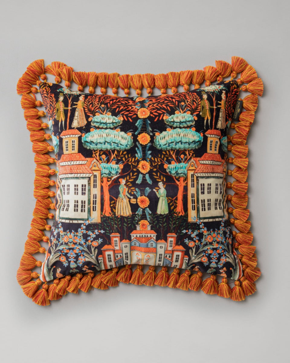 TALES OF TYROL Peat Black Velvet Cushion (LC40194) by Mind The Gap | LC40194 | TYROL APRES-SKI | 50 x 50 cm | Black, Blue, Yellow, Grey, Orange | Fringes all around | Duck feather | 100% Cotton velvet | Fabric Carolina | https://www.fabriccarolina.com/