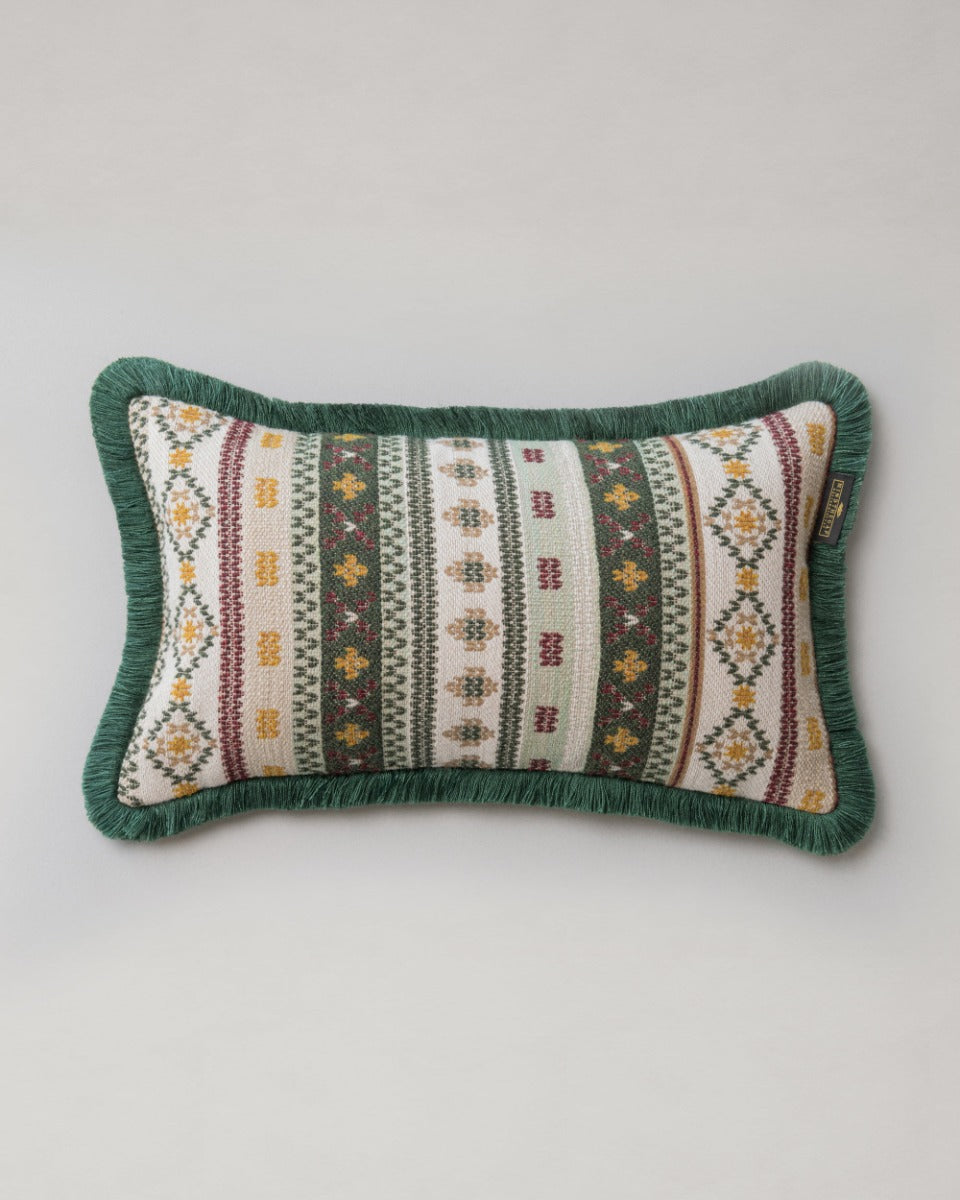 GAISSTEIN Cushion - Rectangular (LC40196) by Mind The Gap | LC40196 | TYROL APRES-SKI | 50 x 30 cm | Taupe, Light Green, Dark Green | Fringes all around | Duck feather | 40% Cotton, 27% Polyacrylic, 20% Wool, 13% Other Fibers | Fabric Carolina | https://www.fabriccarolina.com/