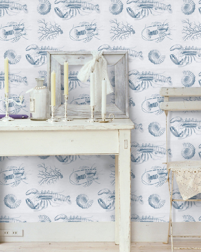 LOBSTER Blue Premium Wallpaper (WP20014) by Mind The Gap | WP20014 | WALLPAPER DESIGNER COLLECTION | 3 rolls x 20.5 x 118.1 in | 0.52m / 20.5in | 3m / 118in | 4.65mp | 52cm / 20.5in | Blue, White | Non-woven | Paste the wall | 3-rolls in a box | Fabric Carolina | https://www.fabriccarolina.com/