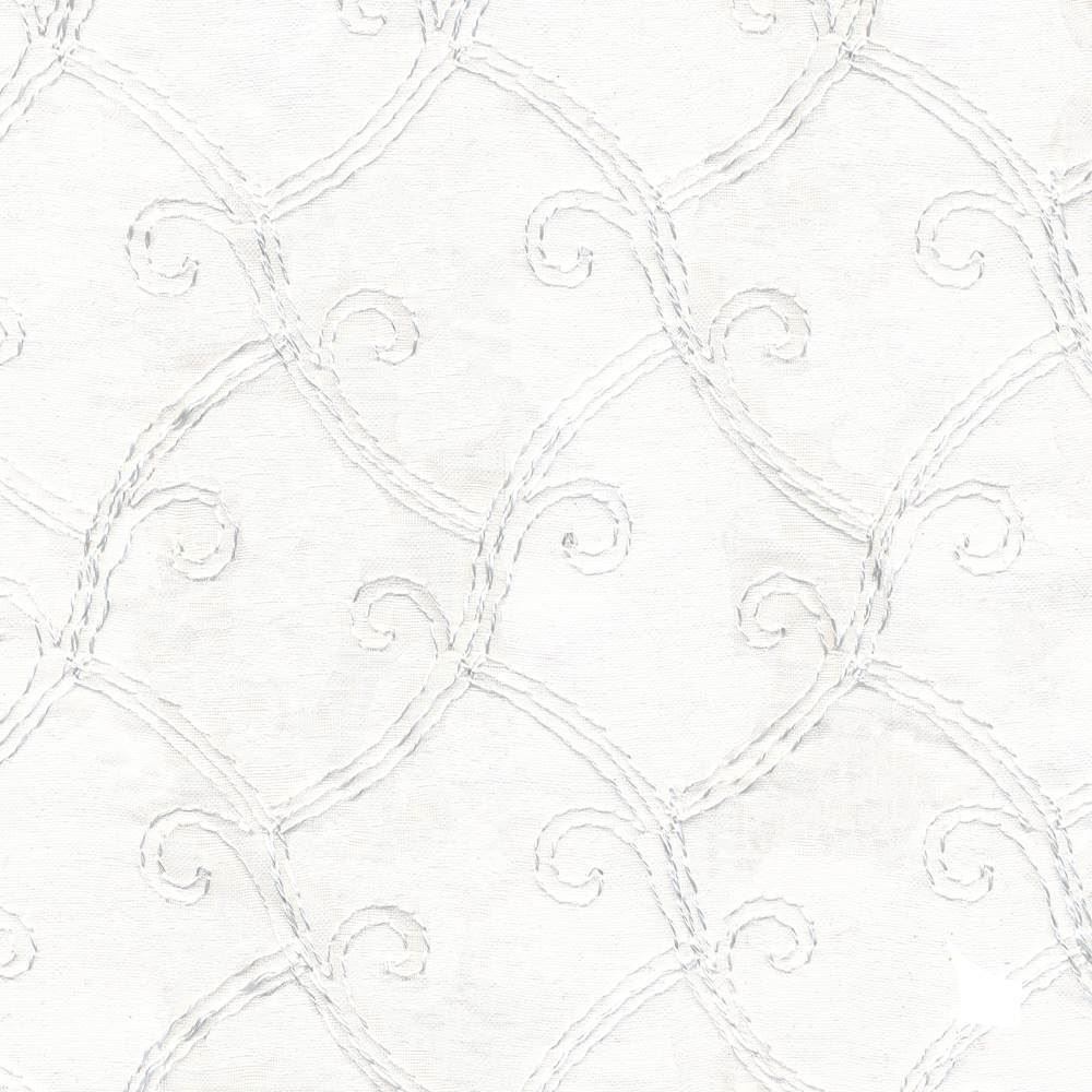 Lyndon Scroll Winter White  by Kasmir Fabric See sample 100% Polyester
 TURKEY Not Tested </p><p>Repeat: Horizontal: 2 2/8 inches and Vertical: 3 inches 52  - Fabric Carolina -