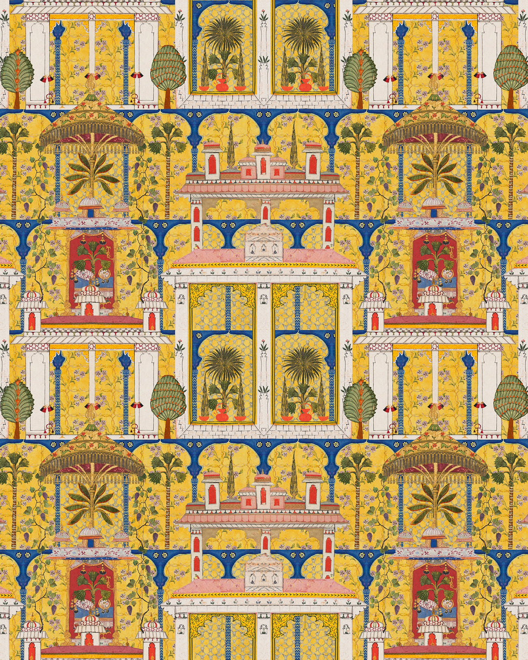 MAJORELLE GARDEN Wallpaper (WP20749) by Mind The Gap | WP20749 | TALES OF MAGHREB | 3 rolls x 52x300 cm / 20.5x118.1 in | 0.52m / 20.5in | 3m / 118in | 4.68sqm / 50sq ft | 150cm / 59in | Blue, Green, Yellow, Pink, Orange, Red, Ivory | Non-woven Textured | Paste the wall | 3-rolls in a box | Fabric Carolina | https://www.fabriccarolina.com/