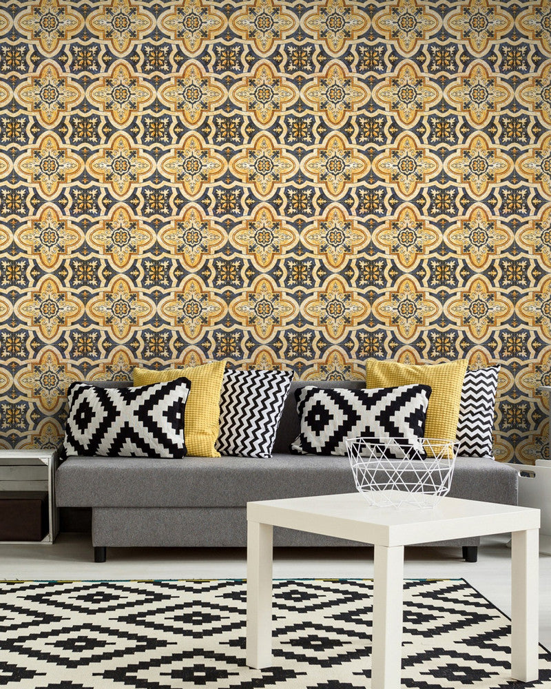 MAGHREB TILE Premium Wallpaper (WP20059) by Mind The Gap | WP20059 | WALLPAPER DESIGNER COLLECTION | 3 rolls x 20.5 x 118.1 in | 0.52m / 20.5in | 3m / 118in | 4.65mp | 52cm / 20.5in | Blue, Orange, Yellow | Non-woven | Paste the wall | 3-rolls in a box | Fabric Carolina | https://www.fabriccarolina.com/