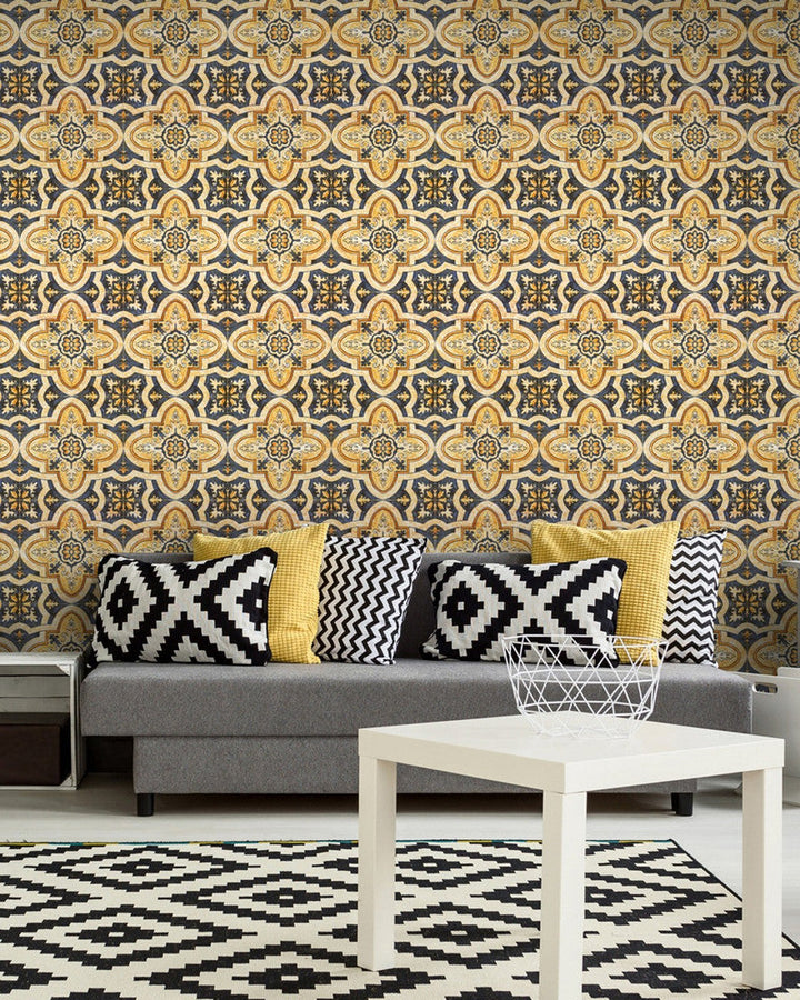 Mind The Gap Wallpaper MAGHREB TILE Premium Wallpaper (WP20059) | WP20059 | WALLPAPER DESIGNER COLLECTION | 3 rolls x 20.5 x 118.1 in | 0.52m / 20.5in | 3m / 118in | 4.65mp | 52cm / 20.5in | Blue, Orange, Yellow | Non-woven | Paste the wall | 3-rolls in a box | Fabric Carolina | https://www.fabriccarolina.com/
