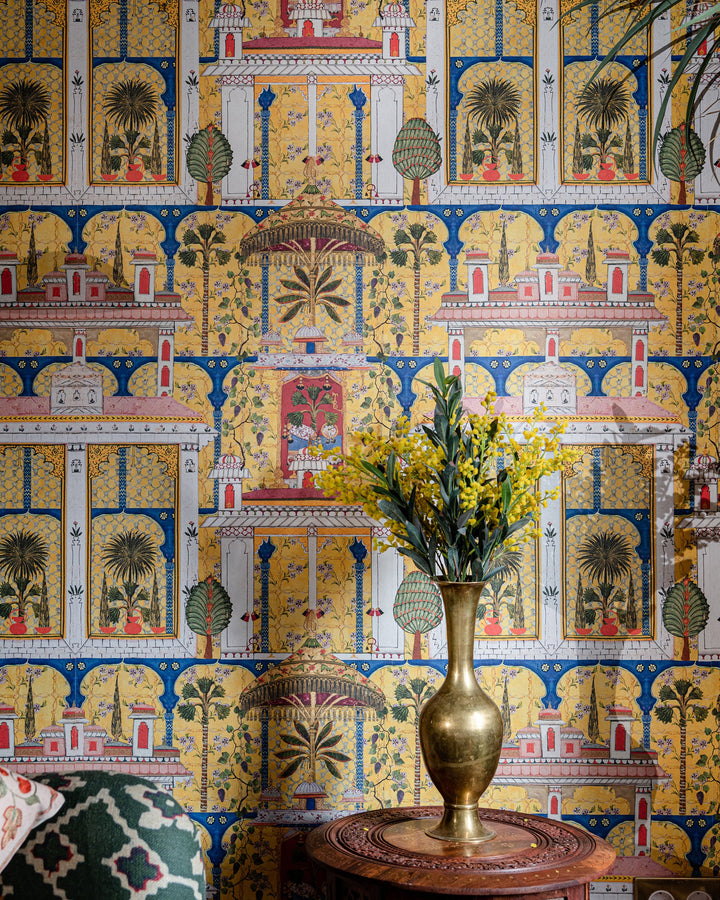 MAJORELLE GARDEN Wallpaper (WP20749) by Mind The Gap | WP20749 | TALES OF MAGHREB | 3 rolls x 52x300 cm / 20.5x118.1 in | 0.52m / 20.5in | 3m / 118in | 4.68sqm / 50sq ft | 150cm / 59in | Blue, Green, Yellow, Pink, Orange, Red, Ivory | Non-woven Textured | Paste the wall | 3-rolls in a box | Fabric Carolina | https://www.fabriccarolina.com/