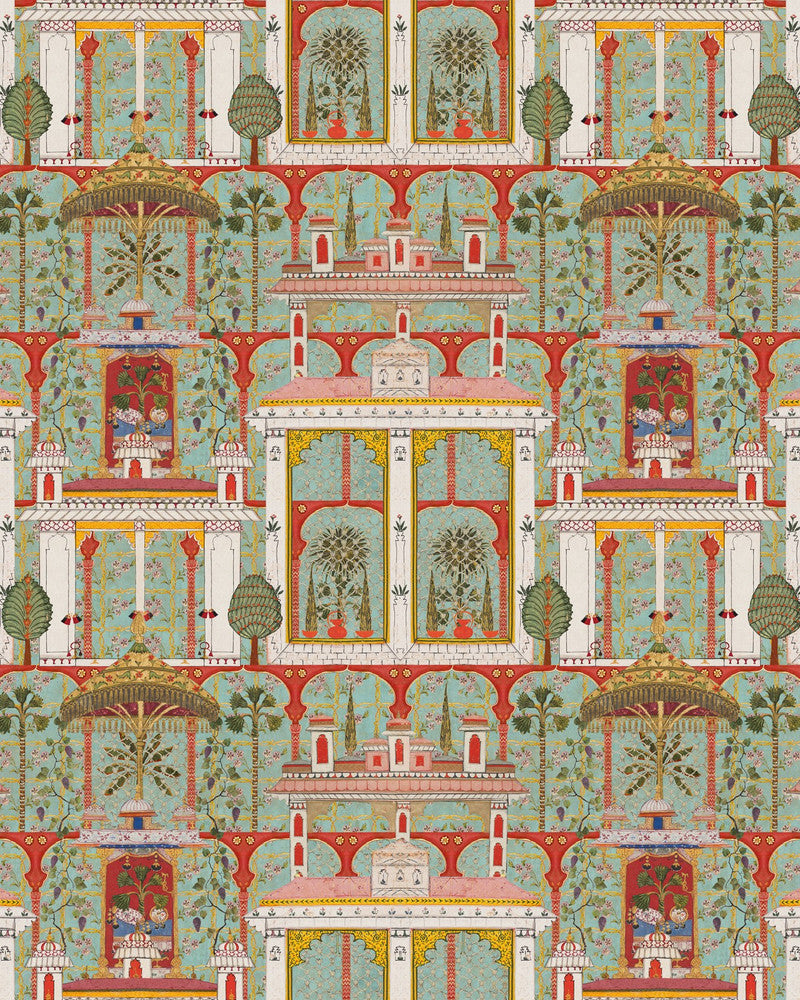 MAJORELLE GARDEN Agate Wallpaper (WP20748) by Mind The Gap | WP20748 | TALES OF MAGHREB | 3 rolls x 20.5 x 118.1 in | 0.52m / 20.5in | 3m / 118in | 4.68mp | 150cm / 59in | Green, Mint, Red, Yellow | Textured Matte | Paste the wall | 3-rolls in a box | Fabric Carolina | https://www.fabriccarolina.com/