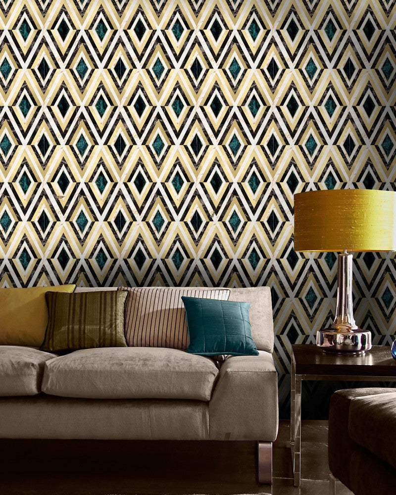 Diamonds In Brass Metallic Edition Wallpaper by Mind the Gap Designer Wallpaper THE WALLPAPER COLLECTABLES Metallic Foil Made in Europe Paste the wall 1 roll x 20.5x10.9 yards - Swanky Fabrics -