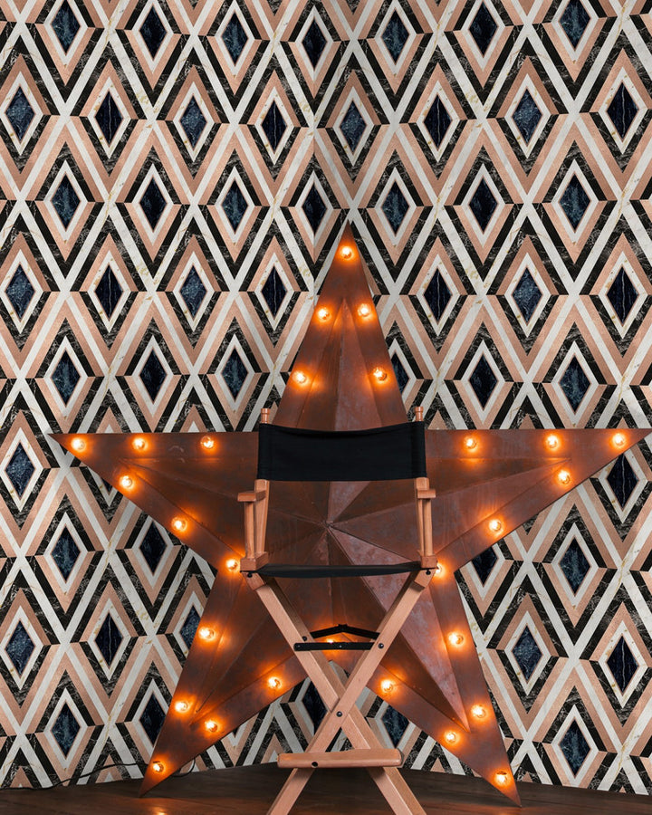 DIAMONDS in Copper Metallic edition Wallpaper (WP20291) by Mind The Gap | WP20291 | THE WALLPAPER COLLECTABLES | 1 roll x 20.5x393.7 in | 0.52m / 20.5in | 10m / 393.7in | 5.20mp | 52cm / 20.5in | Black, Blue, Copper, Ivory | Metallic Foil | Paste the wall | 1-roll in a box | Fabric Carolina | https://www.fabriccarolina.com/
