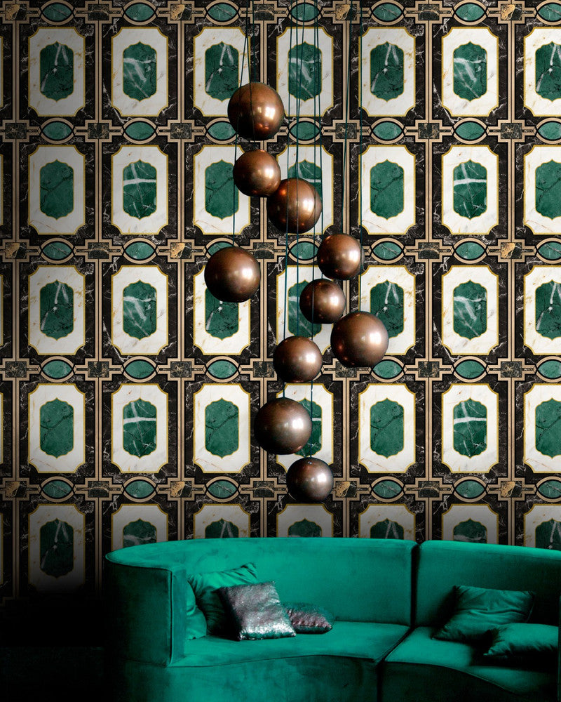 WALDORF Emerald Wallpaper (WP20356) by Mind The Gap | WP20356 | THE WALLPAPER COLLECTABLES | 3 rolls x 20.5 x 118.1 in | 0.52m / 20.5in | 3m / 118in | 4.65mp | 75cm / 29.5in | Black, Green, White, Gold | Satin Matte | Paste the wall | 3-rolls in a box | Fabric Carolina | https://www.fabriccarolina.com/