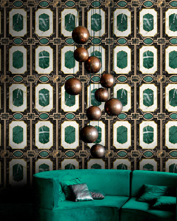 WALDORF Emerald Wallpaper (WP20356) by Mind The Gap | WP20356 | THE WALLPAPER COLLECTABLES | 3 rolls x 20.5 x 118.1 in | 0.52m / 20.5in | 3m / 118in | 4.65mp | 75cm / 29.5in | Black, Green, White, Gold | Satin Matte | Paste the wall | 3-rolls in a box | Fabric Carolina | https://www.fabriccarolina.com/