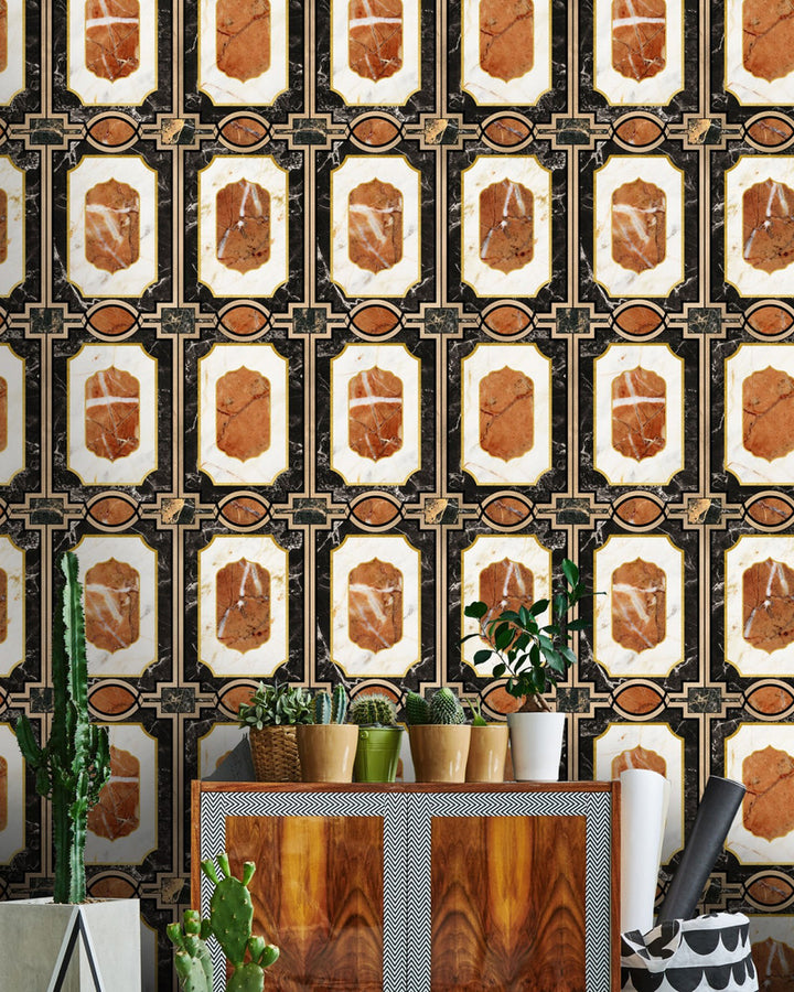 WALDORF Ochre Wallpaper (WP20357) by Mind The Gap | WP20357 | THE WALLPAPER COLLECTABLES | 3 rolls x 20.5 x 118.1 in | 0.52m / 20.5in | 3m / 118in | 4.65mp | 75cm / 29.5in | Black, Brown, White, Gold | Satin Matte | Paste the wall | 3-rolls in a box | Fabric Carolina | https://www.fabriccarolina.com/
