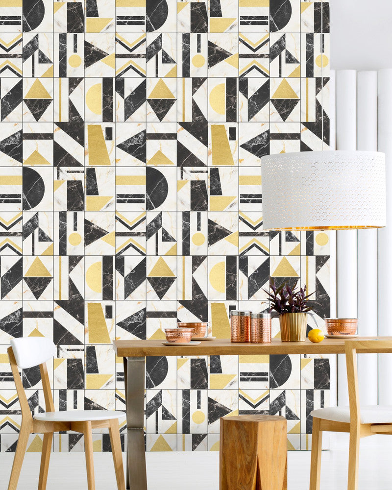SOHO Brass Wallpaper (WP20352) by Mind The Gap | WP20352 | THE WALLPAPER COLLECTABLES | 3 rolls x 20.5 x 118.1 in | 0.52m / 20.5in | 3m / 118in | 4.65mp | 75cm / 29.5in | Black, Taupe, Gold | Satin Matte | Paste the wall | 3-rolls in a box | Fabric Carolina | https://www.fabriccarolina.com/