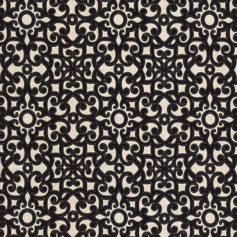 Marvelous Scroll Black  by Kasmir Fabric See sample 70% Polyester
30% Cotton
 INDIA Not Tested </p><p>Repeat: Horizontal: 10 inches and Vertical: 9 inches 51  - Fabric Carolina -