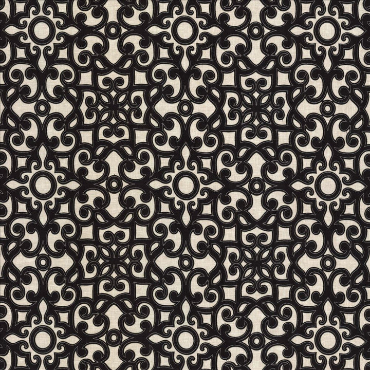 Marvelous Scroll Black  by Kasmir Fabric See sample 70% Polyester
30% Cotton
 INDIA Not Tested </p><p>Repeat: Horizontal: 10 inches and Vertical: 9 inches 51  - Fabric Carolina -