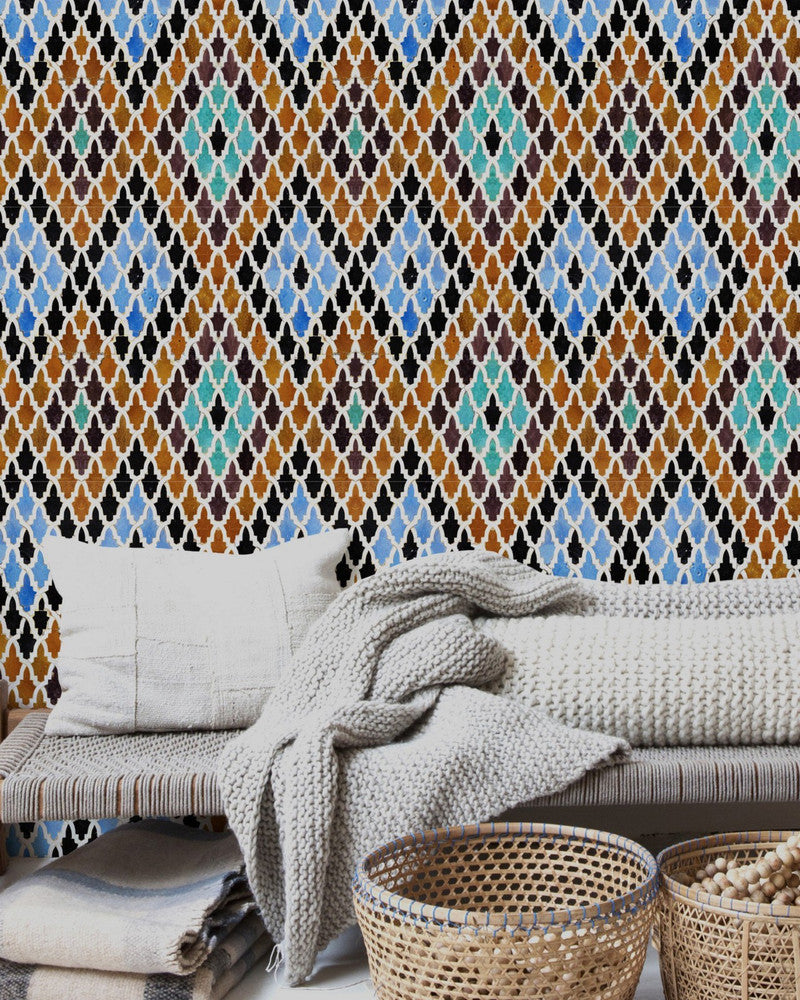 Mind The Gap Wallpaper MEDERSA EL-ATTARINE (WP20261) | WP20261 | PREMIUM DESIGNER WALLPAPER COLLECTION | 3 rolls x 20.5 x 118.1 in | 0.52m / 20.5in | 3m / 118in | 4.65mp | 52cm / 20.5in | Black, Blue, Brown | Non-woven | Paste the wall | 3-rolls in a box | Fabric Carolina | https://www.fabriccarolina.com/
