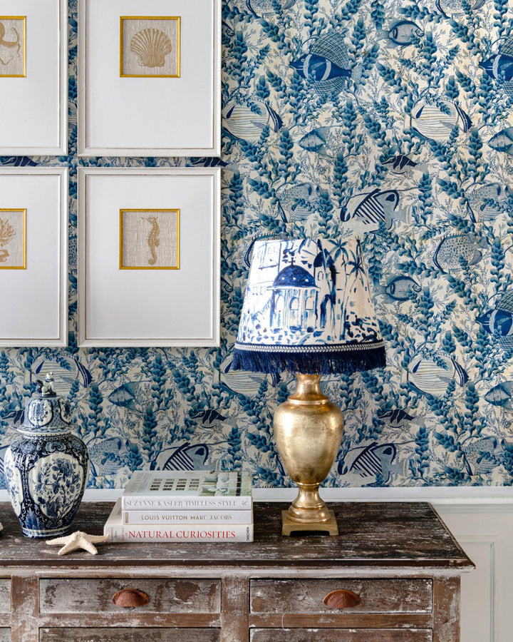 AQUARIUM Indigo Wallpaper (WP20568) by Mind The Gap | WP20568 | SUNDANCE VILLA | 3 rolls x 20.5 x 118.1 in | 0.52m / 20.5in | 3m / 118in | 4.65mp | 70cm / 27.6in | Blue, Taupe | Textured Matte | Paste the wall | 3-rolls in a box | Fabric Carolina | https://www.fabriccarolina.com/