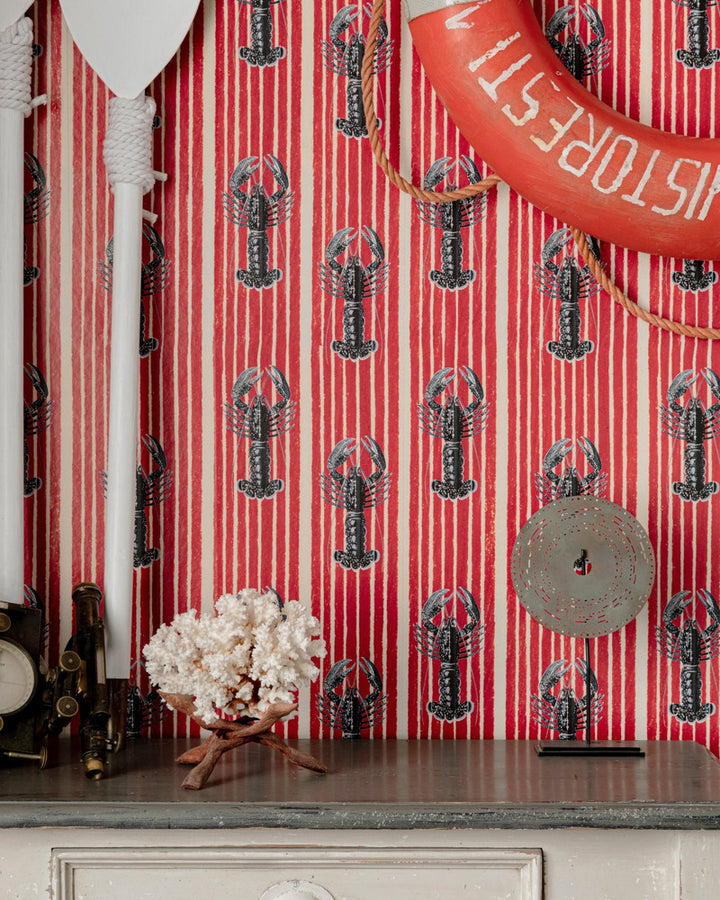 MEDITERRANEAN LOBSTERS Red Wallpaper (WP30064) by Mind The Gap | WP30064 | SUNDANCE VILLA | 1 roll x 20.5 x 393.7 in | 0.52m / 20.5in | 10m / 393.7in | 5.20mp | 52cm / 20.5in | Indigo, Red, White | Satin Matte | Paste the wall | 1-roll in a box | Fabric Carolina | https://www.fabriccarolina.com/
