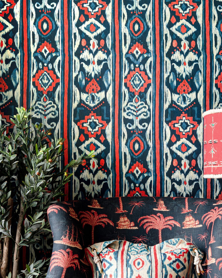 MEDITERRANEO Indigo Wallpaper (WP20566) by Mind The Gap | WP20566 | SUNDANCE VILLA | 3 rolls x 20.5 x 118.1 in | 0.52m / 20.5in | 3m / 118in | 4.65mp | 70cm / 27.6in | Indigo, Red, White | Textured Matte | Paste the wall | 3-rolls in a box | Fabric Carolina | https://www.fabriccarolina.com/
