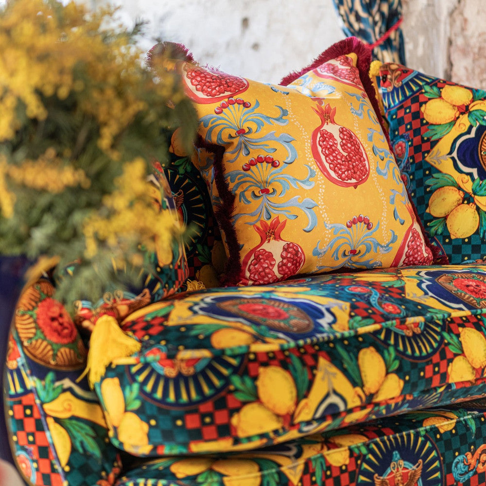 MELAGRANATA Cotton Cushion (LC40221) by Mind The Gap | LC40221 | LA DOLCE VITA | 20 x 20 in | Red, Turquoise, Yellow | Fabric Carolina | https://www.fabriccarolina.com/