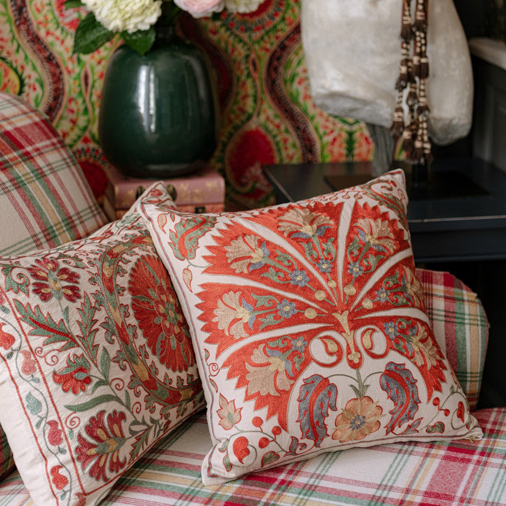 MEROS SUZANI Silk Embroidered Cushion (LC40164) by Mind The Gap | LC40164 | WOODSTOCK '69 LIFESTYLE COLLECTION | 18 x 18 in | Blue, Green, Red | Fabric Carolina | https://www.fabriccarolina.com/