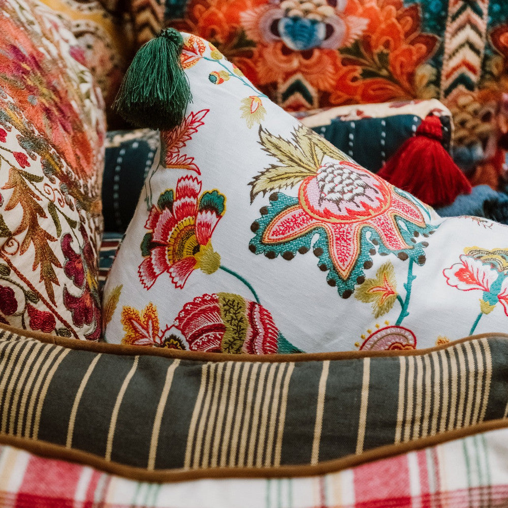 MIDSUMMER FLORAL Embroidered Cushion (LC40134) by Mind The Gap | LC40134 | WOODSTOCK '69 LIFESTYLE COLLECTION | 20 x 20 in | Green, Pink, Turquoise, Yellow | Fabric Carolina | https://www.fabriccarolina.com/