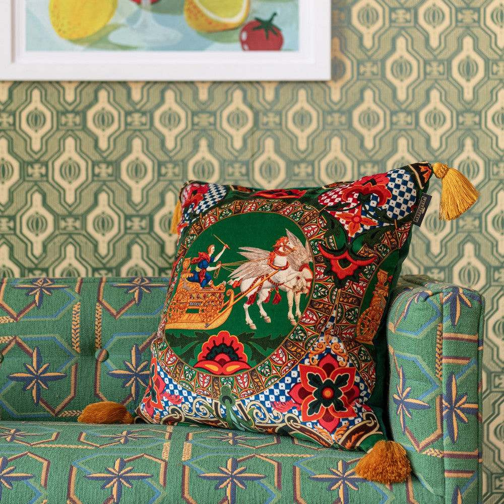 MYTHOLOGY Velvet Cushion (LC40220) by Mind The Gap | LC40220 | LA DOLCE VITA | 20 x 20 in | Blue, Green, Orange, Red, White, Yellow, Gold | Fabric Carolina | https://www.fabriccarolina.com/