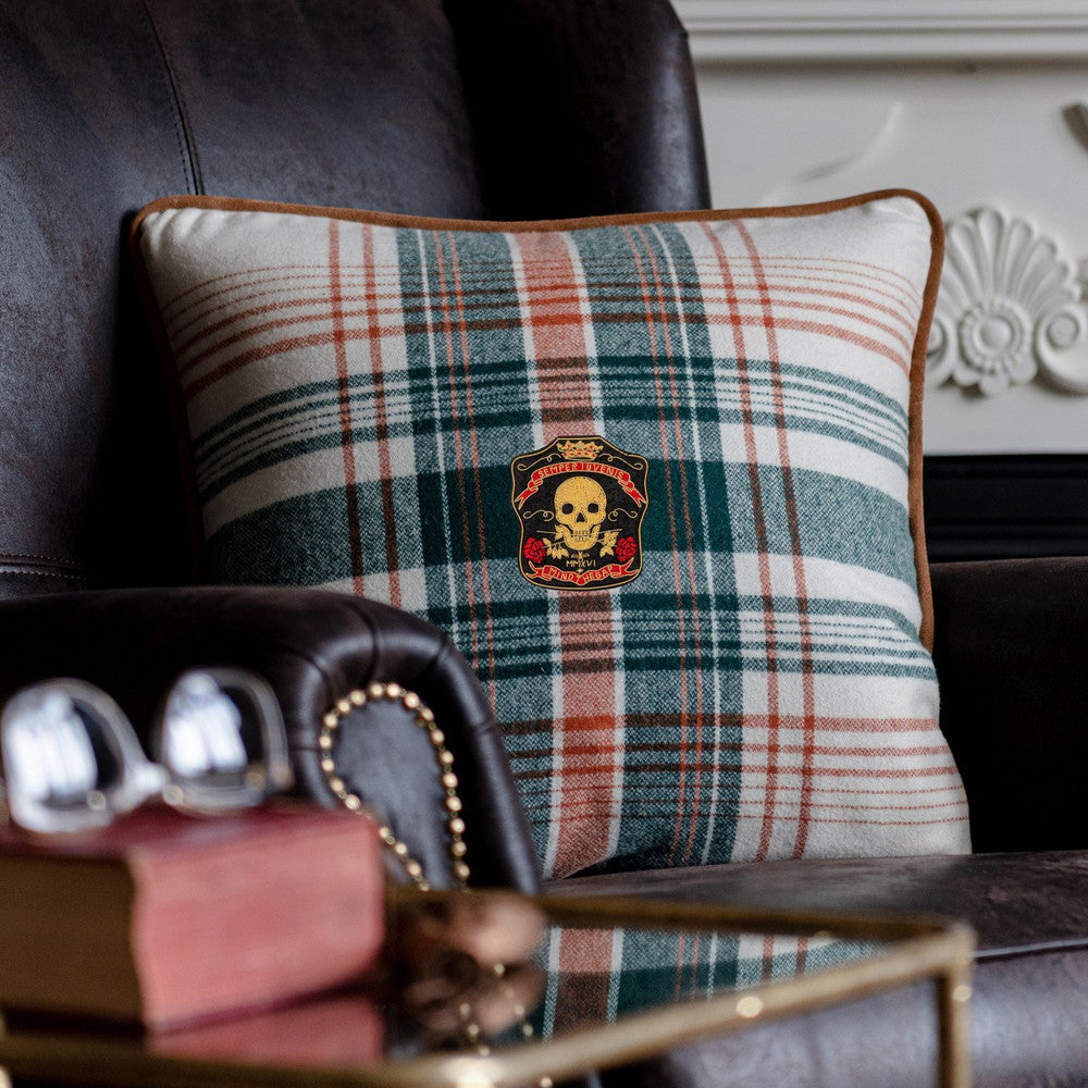 MONTEREY PLAID Wool Cushion (LC40152) by Mind The Gap | LC40152 | WOODSTOCK '69 LIFESTYLE COLLECTION | 20 x 20 in | Green, Orange, Taupe, Yellow | Fabric Carolina | https://www.fabriccarolina.com/