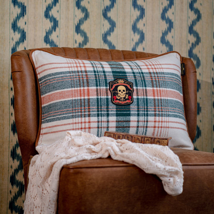Monterey Plaid Wool Cushion by Mind the Gap Designer Pillow WOODSTOCK '69 LIFESTYLE COLLECTION 70% Wool, 30% other fibres Made in Romania Leather piped edge 23,6 x 15,8 in - Swanky Fabrics -