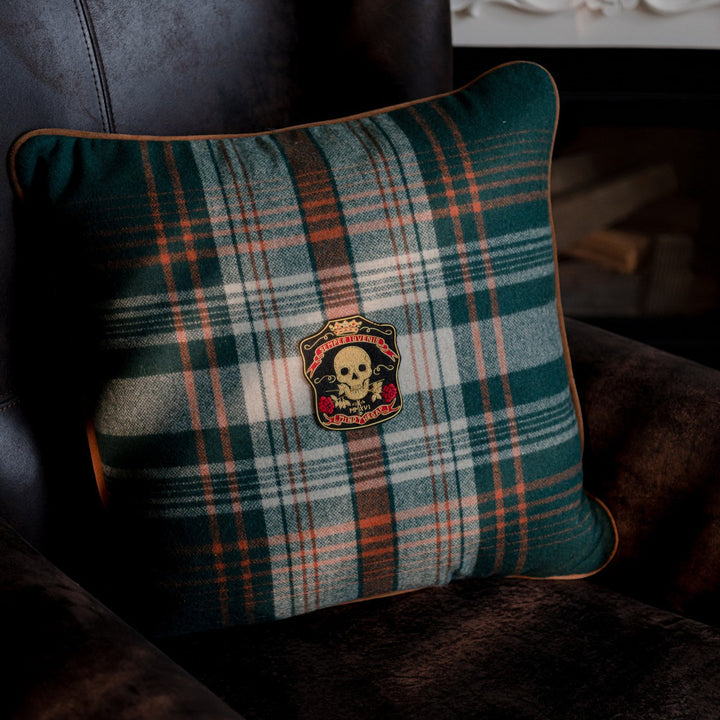 MONTEREY PLAID Green Wool Cushion (LC40154) by Mind The Gap | LC40154 | WOODSTOCK '69 LIFESTYLE COLLECTION | 20 x 20 in | Green, Orange, Taupe, Yellow | Fabric Carolina | https://www.fabriccarolina.com/
