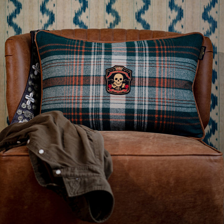 MONTEREY PLAID Green Wool Cushion (LC40155) by Mind The Gap | LC40155 | WOODSTOCK '69 LIFESTYLE COLLECTION | 23,6 x 15,8 in | Green, Taupe, Yellow | Fabric Carolina | https://www.fabriccarolina.com/